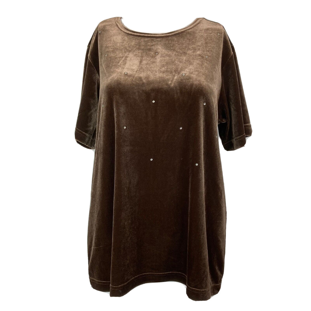 Quacker Factory Shirt Womens Sz M Brown Stretch Velvet Rhinestone Short‎ Sleeve